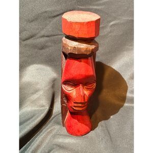 Hand Carved Wooden Bust Sculpture Red Tribal Style 8.25”